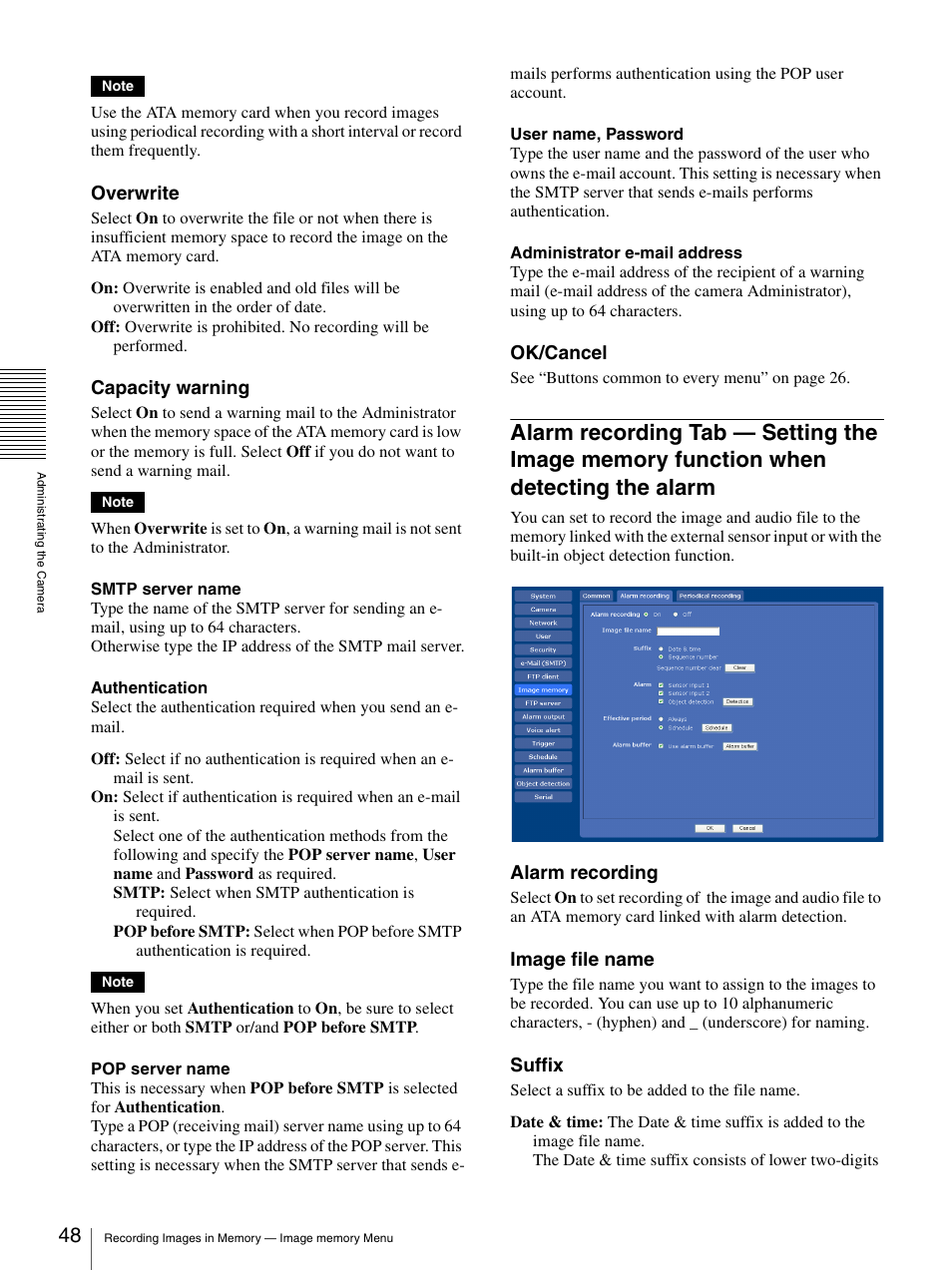 Alarm recording tab — setting the image, Memory function when detecting the alarm, Overwrite | Capacity warning, Ok/cancel, Alarm recording, Image file name, Suffix | Sony SNC-CS50N User Manual | Page 48 / 87