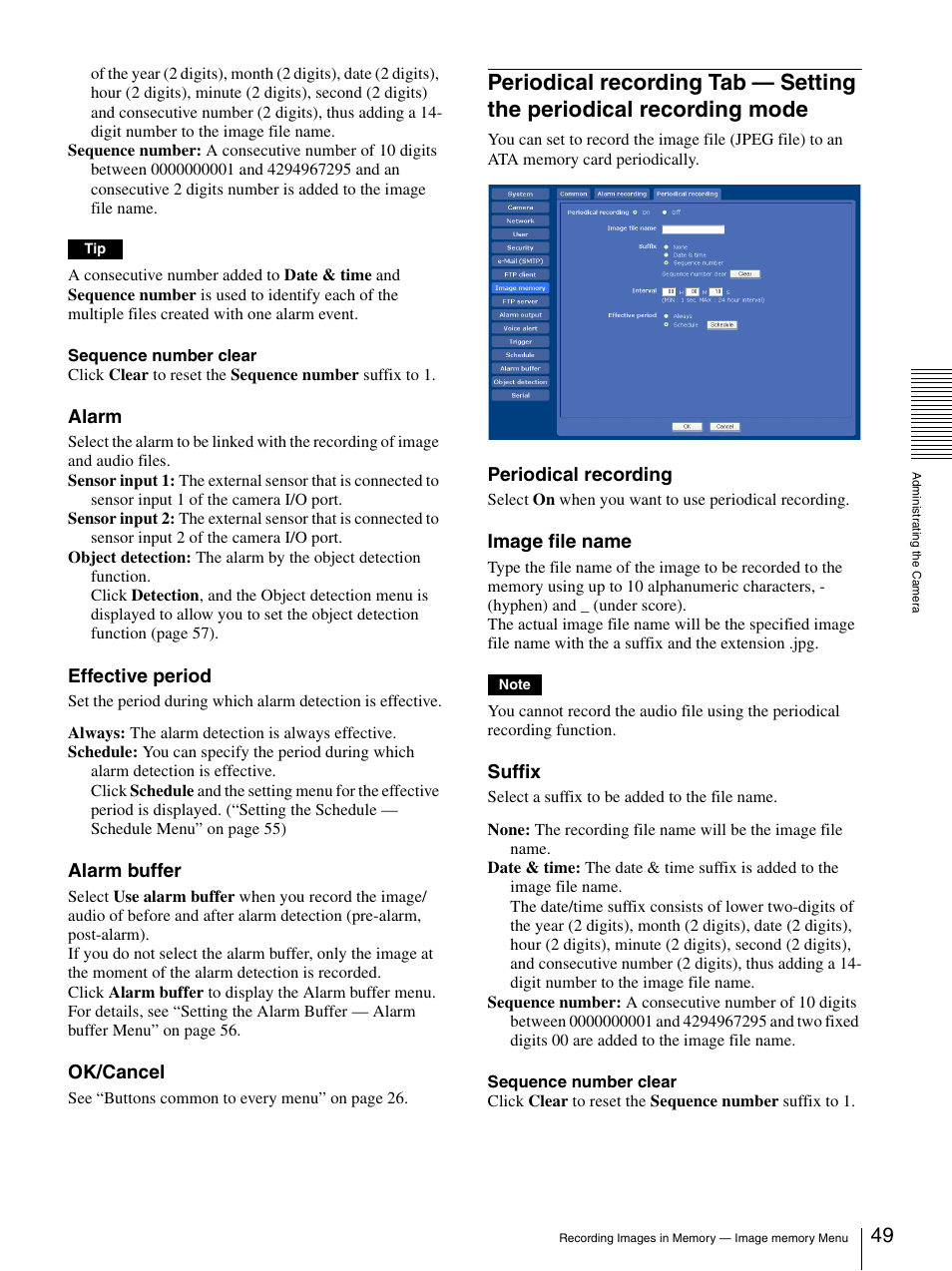 Periodical recording tab — setting the periodical, Recording mode, Alarm | Effective period, Alarm buffer, Ok/cancel, Periodical recording, Image file name, Suffix | Sony SNC-CS50N User Manual | Page 49 / 87