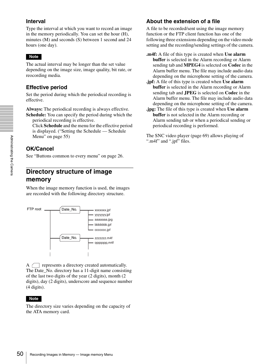 Directory structure of image memory, Interval, Effective period | Ok/cancel, About the extension of a file | Sony SNC-CS50N User Manual | Page 50 / 87