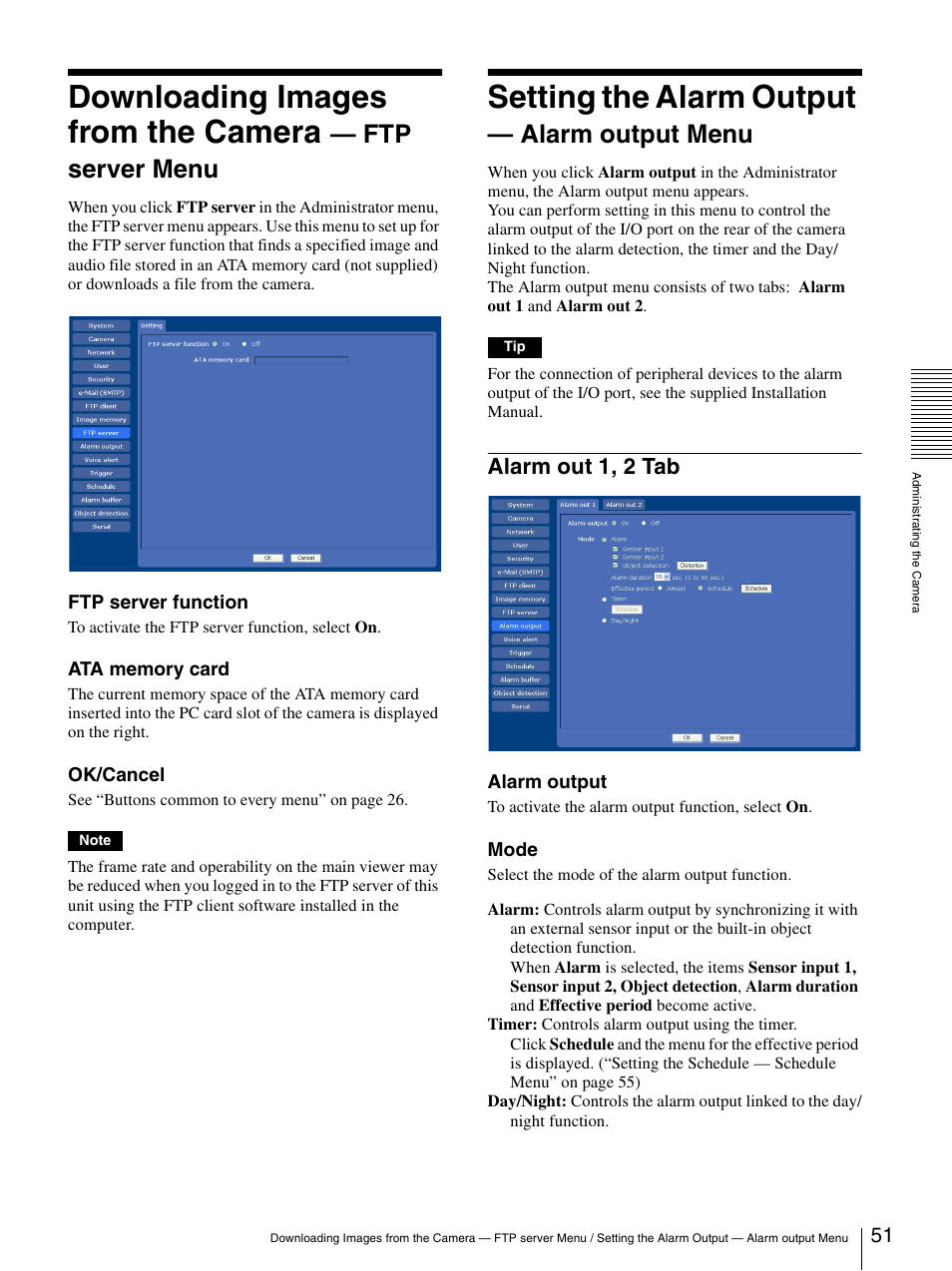 Setting the alarm output - alarm output menu, Alarm out 1, 2 tab, Downloading images from the camera | Setting the alarm output, Ftp server menu, Alarm output menu | Sony SNC-CS50N User Manual | Page 51 / 87