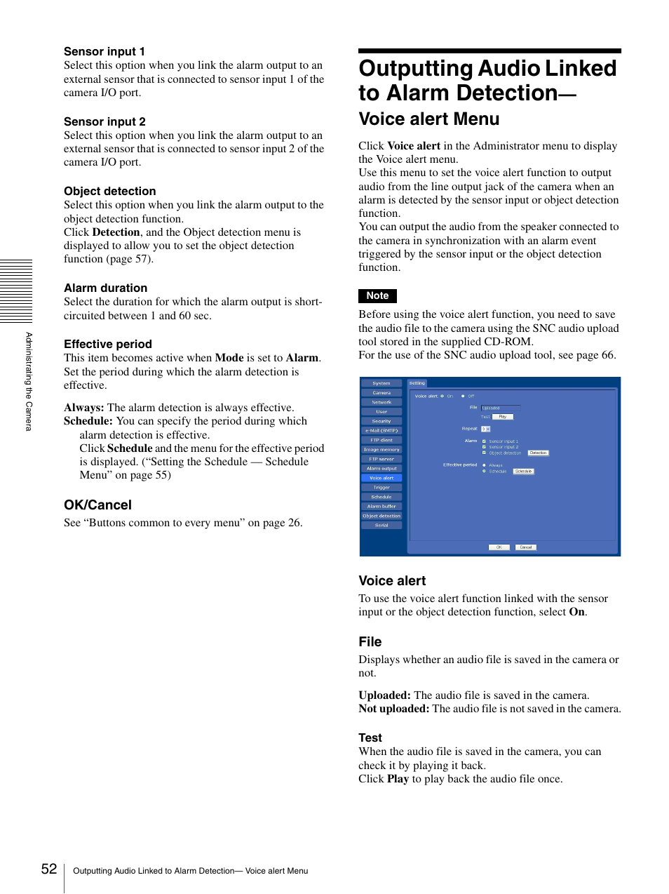 Outputting audio linked to alarm detection, Voice alert menu | Sony SNC-CS50N User Manual | Page 52 / 87