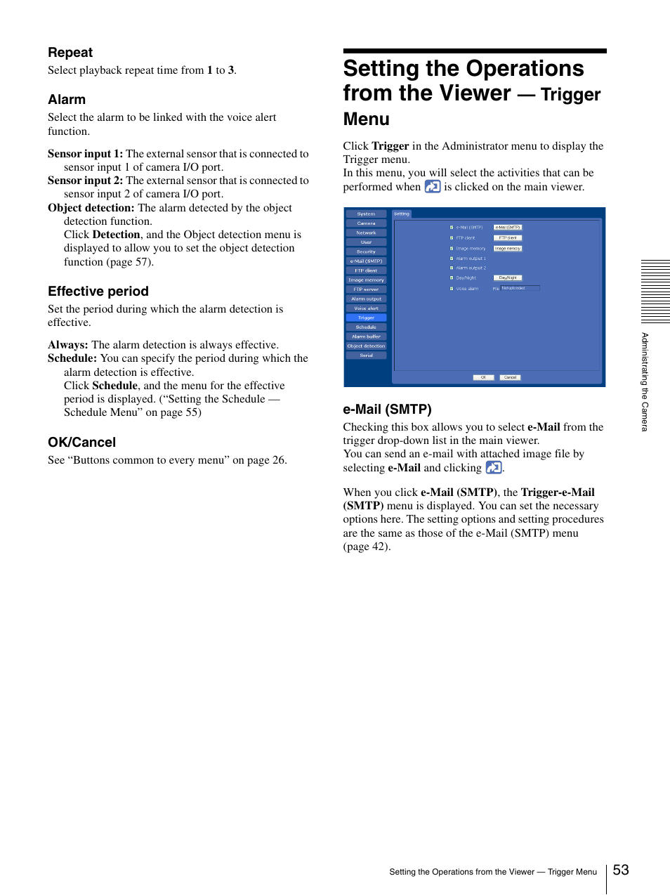 Setting the operations from the viewer, Trigger menu | Sony SNC-CS50N User Manual | Page 53 / 87