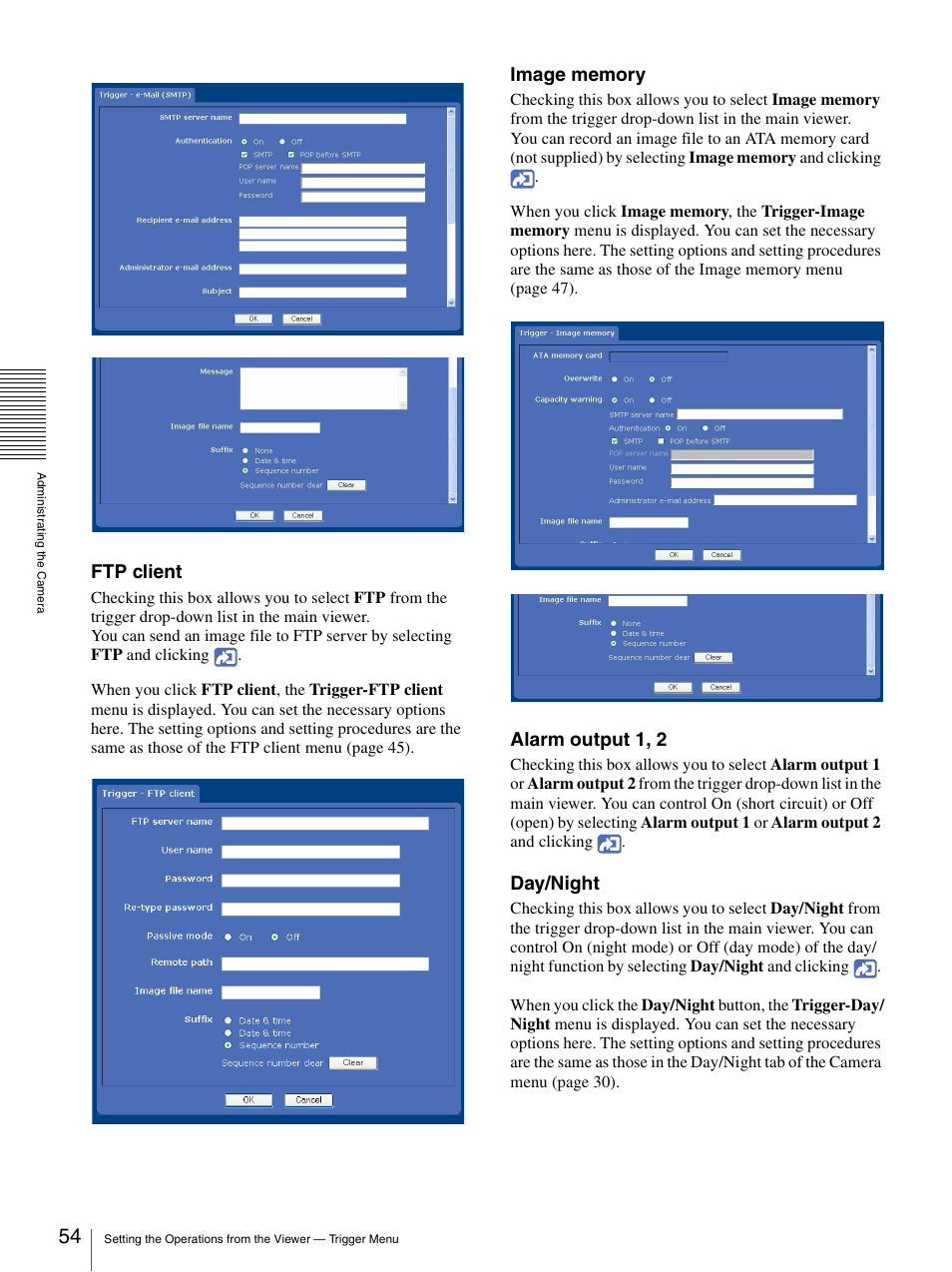 Ftp client, Alarm output 1, 2, Day/night | Sony SNC-CS50N User Manual | Page 54 / 87