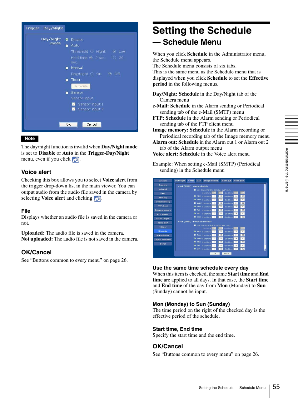 Setting the schedule - schedule menu, Setting the schedule — schedule menu, Setting the schedule | Schedule menu | Sony SNC-CS50N User Manual | Page 55 / 87