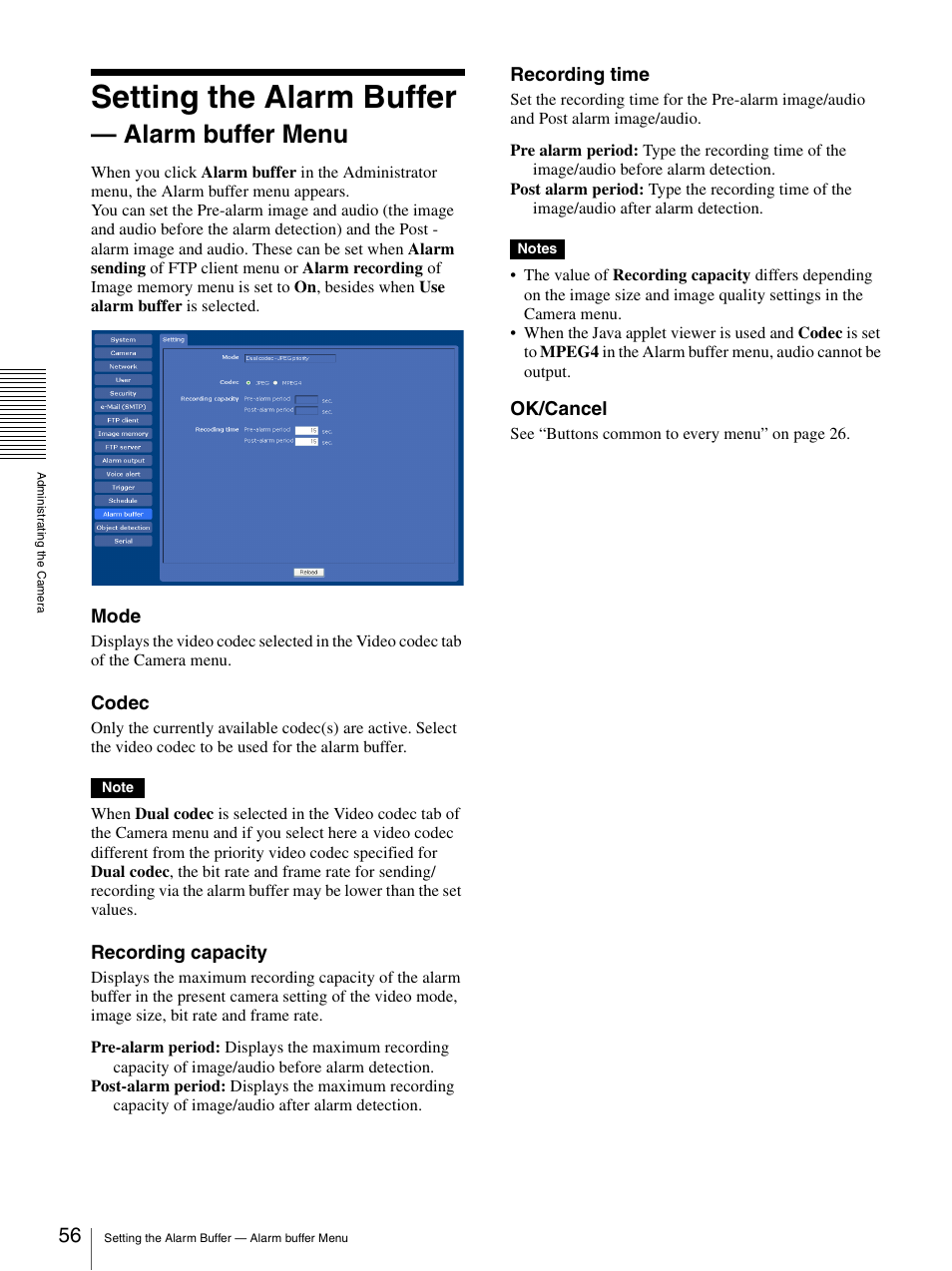 Setting the alarm buffer - alarm buffer menu, Setting the alarm buffer — alarm buffer menu, Setting the alarm buffer | Alarm buffer menu | Sony SNC-CS50N User Manual | Page 56 / 87