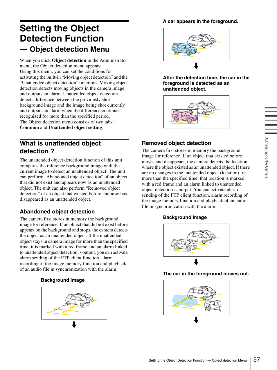 What is unattended object detection, Setting the object detection function, Object detection menu | Sony SNC-CS50N User Manual | Page 57 / 87