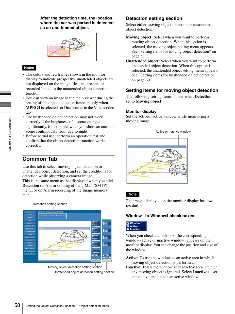 Common tab, Setting items for moving object detection | Sony SNC-CS50N User Manual | Page 58 / 87