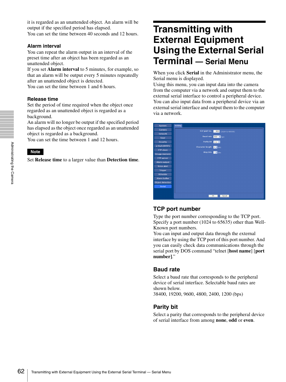 Serial menu, Tcp port number, Baud rate | Parity bit | Sony SNC-CS50N User Manual | Page 62 / 87