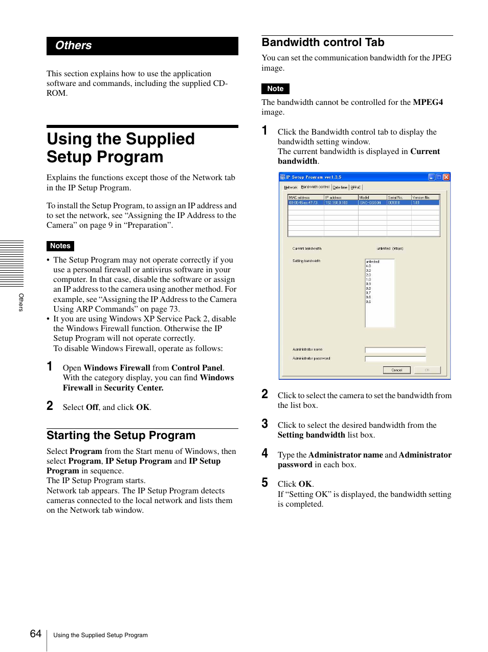 Others, Using the supplied setup program, Starting the setup program | Bandwidth control tab, Starting the setup program bandwidth control tab | Sony SNC-CS50N User Manual | Page 64 / 87