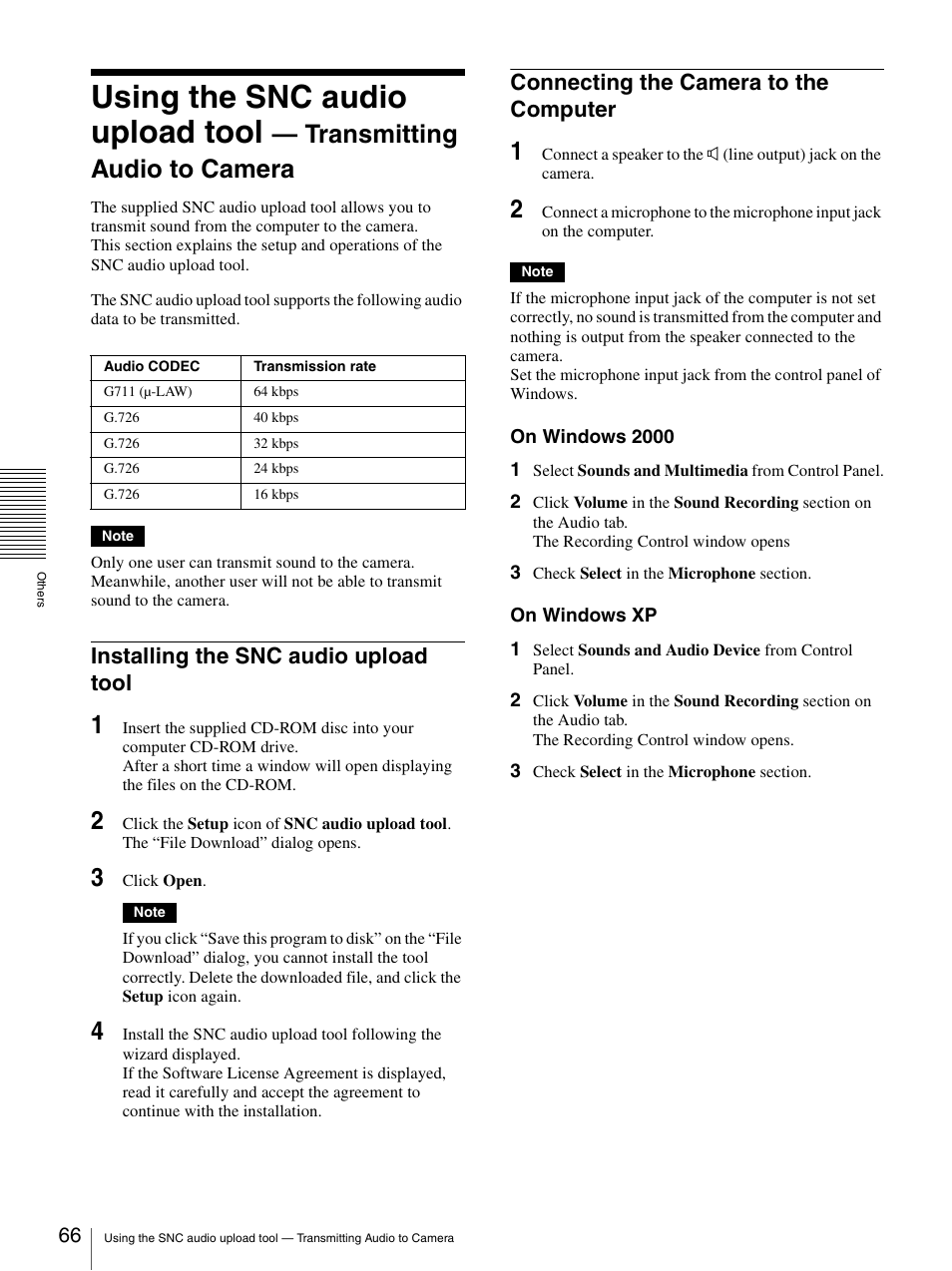 Installing the snc audio upload tool, Connecting the camera to the computer, Using the snc audio upload tool | Transmitting audio to camera | Sony SNC-CS50N User Manual | Page 66 / 87