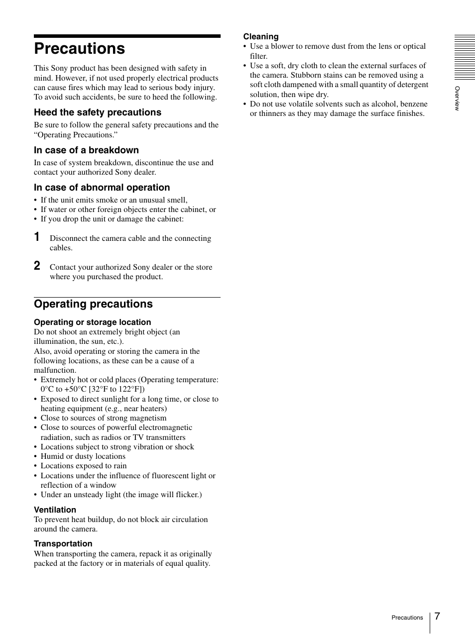 Precautions, Operating precautions | Sony SNC-CS50N User Manual | Page 7 / 87