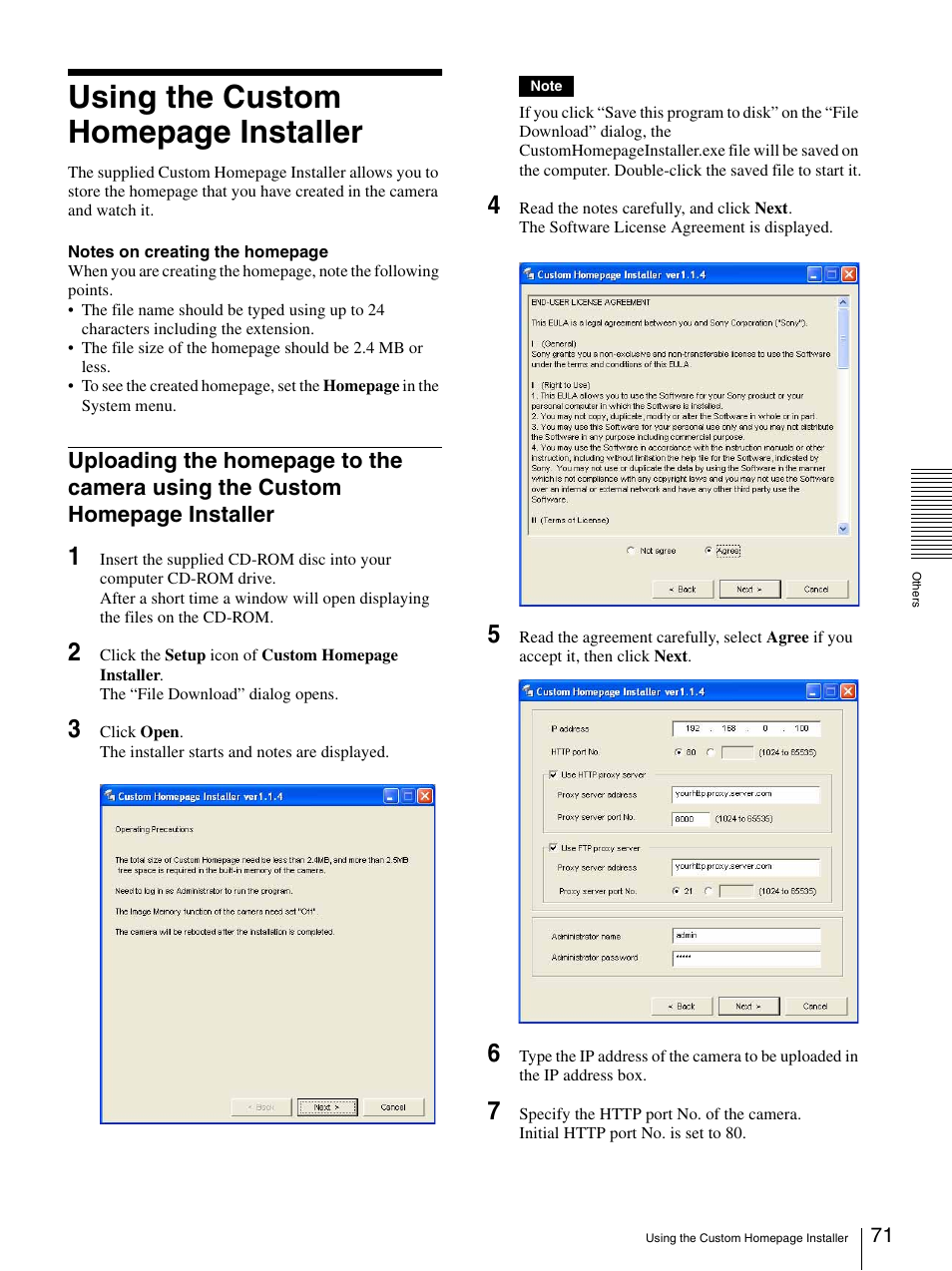 Using the custom homepage installer | Sony SNC-CS50N User Manual | Page 71 / 87