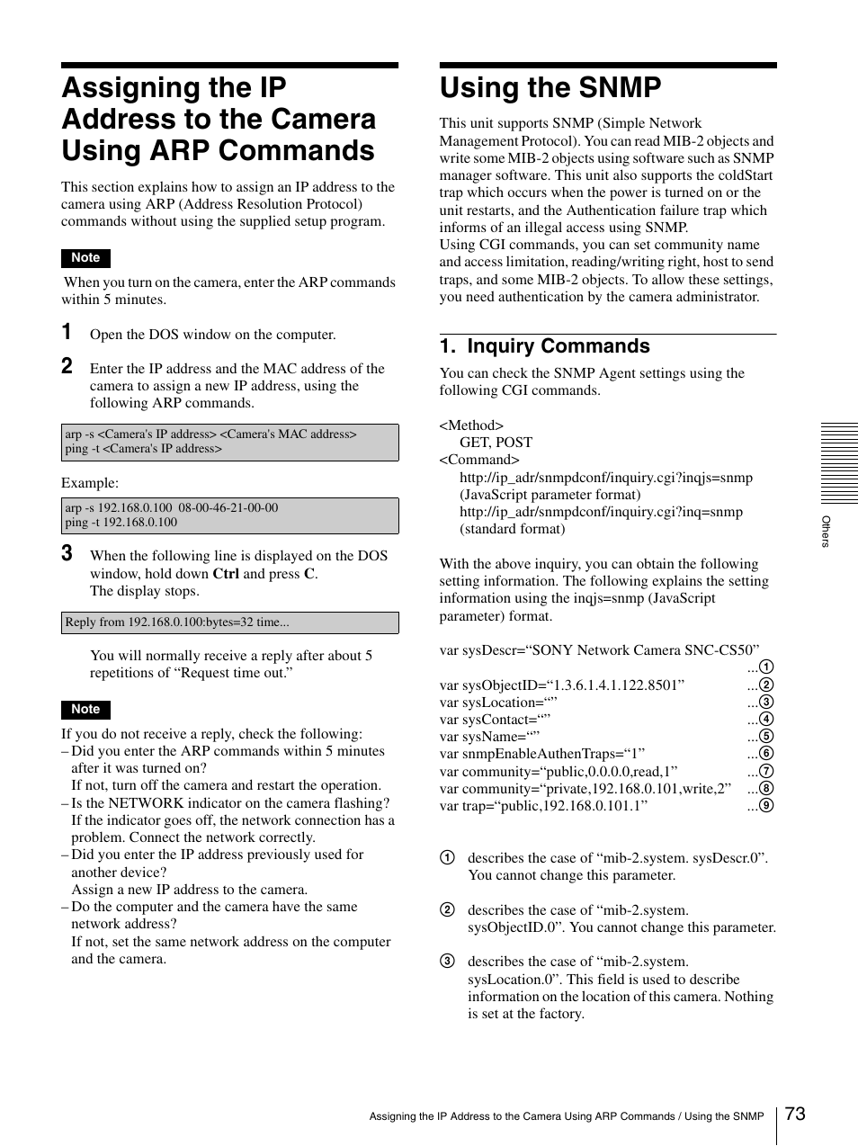 Using the snmp, Inquiry commands | Sony SNC-CS50N User Manual | Page 73 / 87