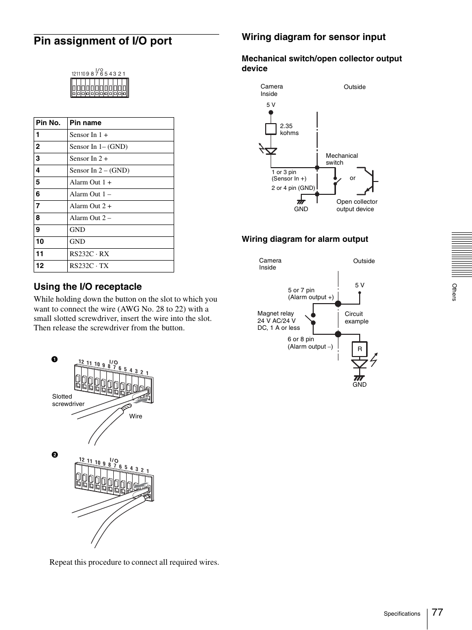 Pin assignment of i/o port, Using the i/o receptacle, Wiring diagram for sensor input | Sony SNC-CS50N User Manual | Page 77 / 87