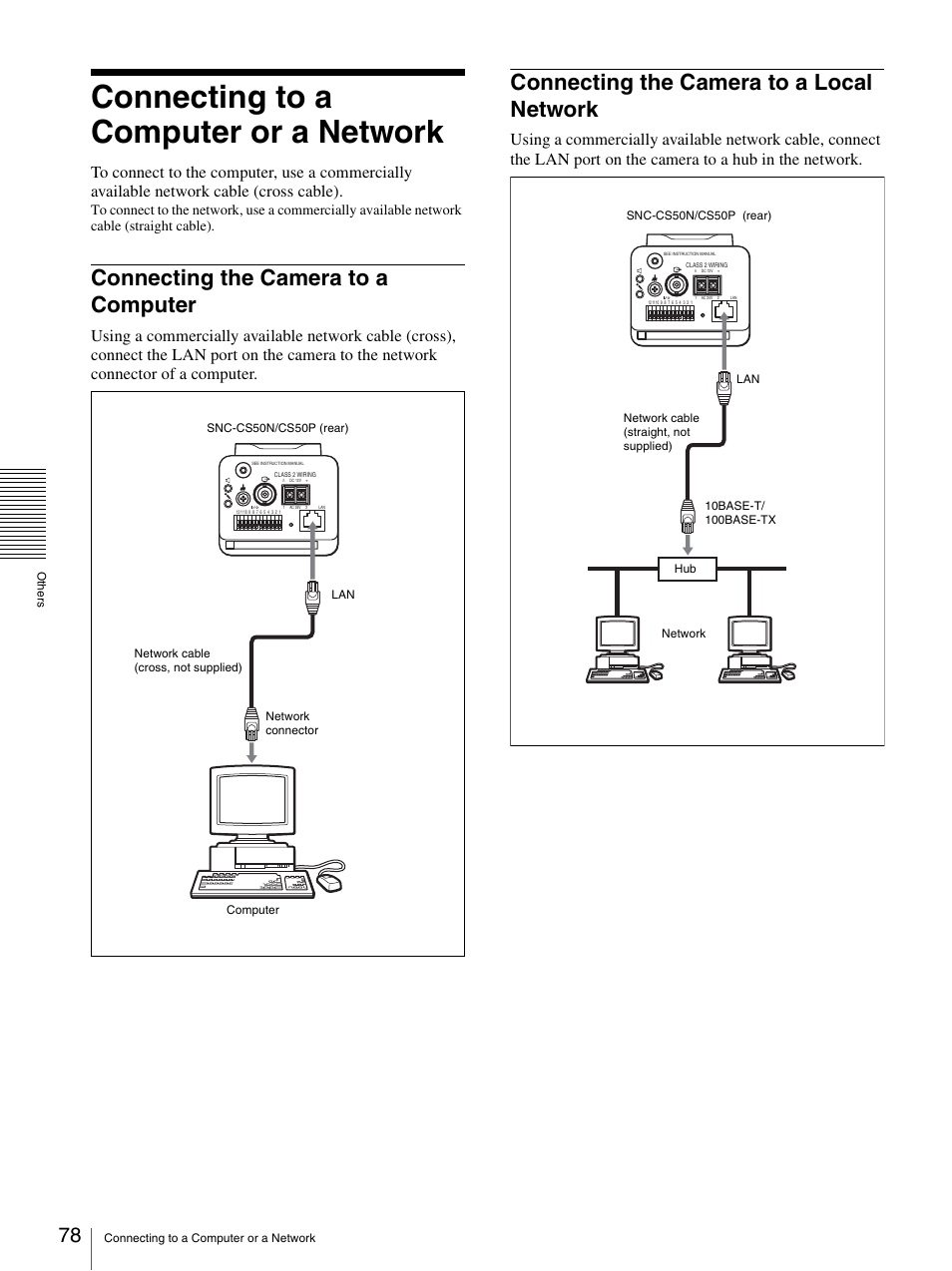 Connecting to a computer or a network, Connecting the camera to a computer, Connecting the camera to a local network | Sony SNC-CS50N User Manual | Page 78 / 87