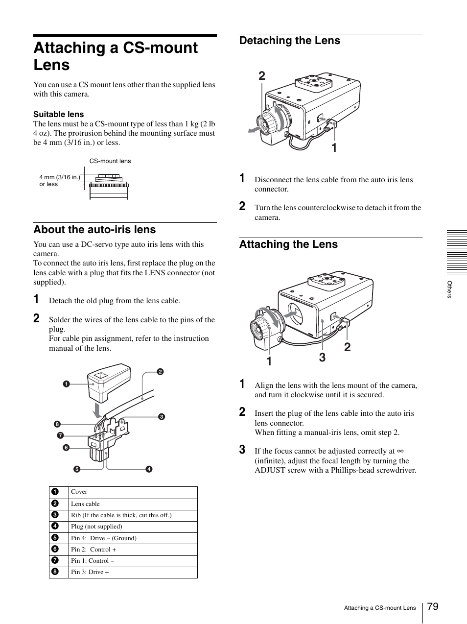 Attaching a cs-mount lens, About the auto-iris lens, Detaching the lens | Attaching the lens | Sony SNC-CS50N User Manual | Page 79 / 87