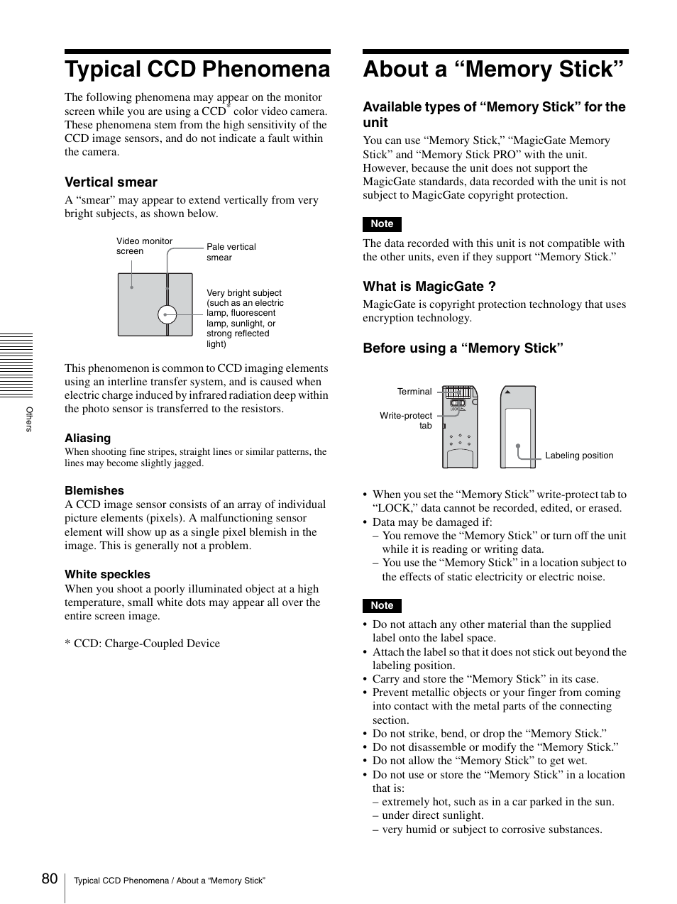 Typical ccd phenomena, About a “memory stick, Typical ccd phenomena about a “memory stick | Sony SNC-CS50N User Manual | Page 80 / 87