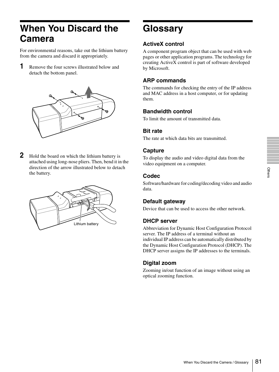 When you discard the camera, Glossary, When you discard the camera glossary | Sony SNC-CS50N User Manual | Page 81 / 87