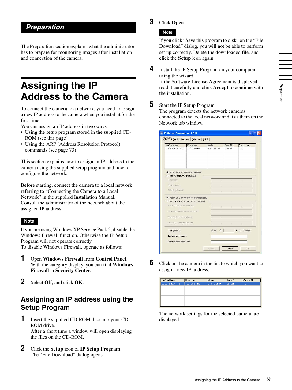 Preparation, Assigning the ip address to the camera, Assigning an ip address using the setup program | Sony SNC-CS50N User Manual | Page 9 / 87