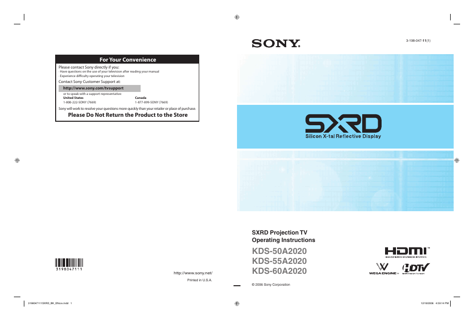 Sony KDS-55A2020 User Manual | 67 pages