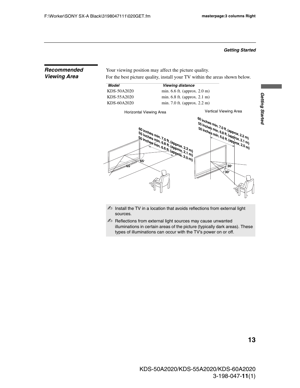 Recommended viewing area | Sony KDS-55A2020 User Manual | Page 13 / 67