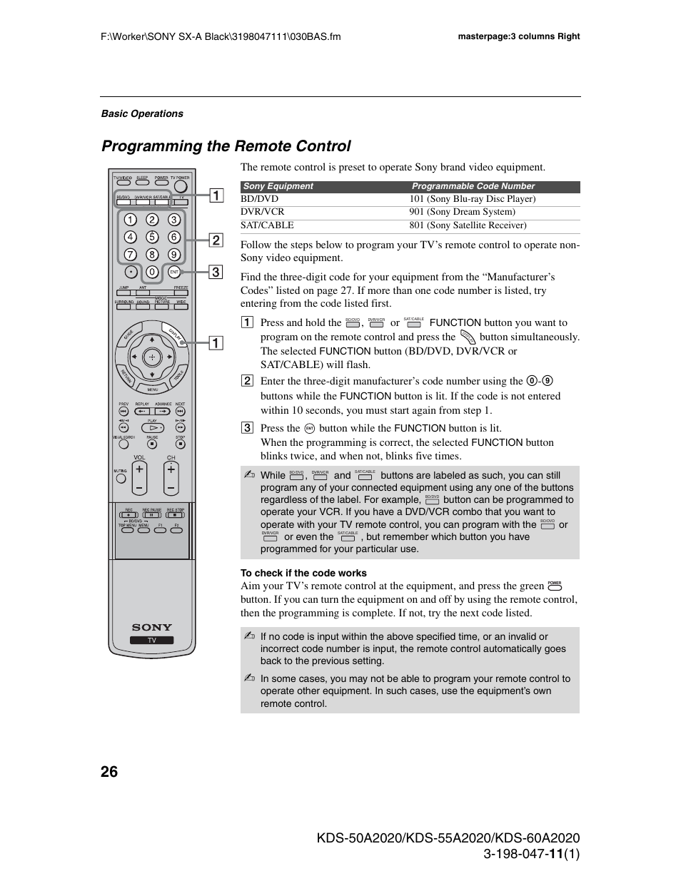 Programming the remote control | Sony KDS-55A2020 User Manual | Page 26 / 67