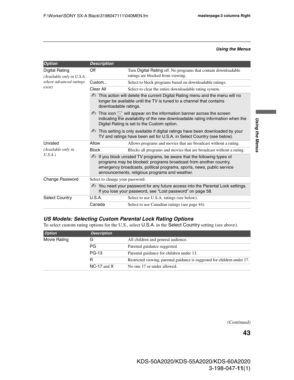 Sony KDS-55A2020 User Manual | Page 43 / 67