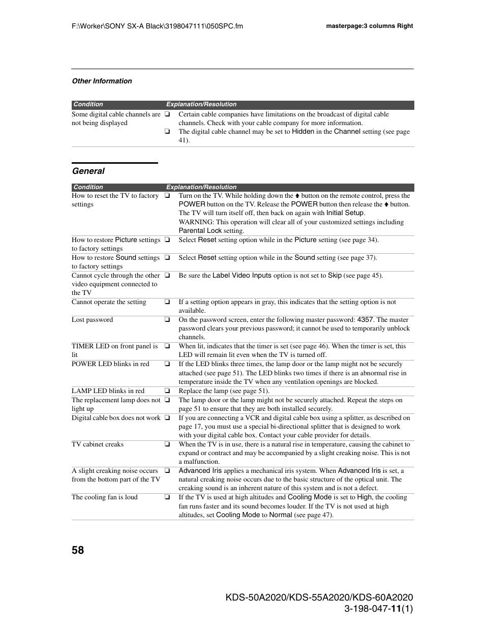 General | Sony KDS-55A2020 User Manual | Page 58 / 67