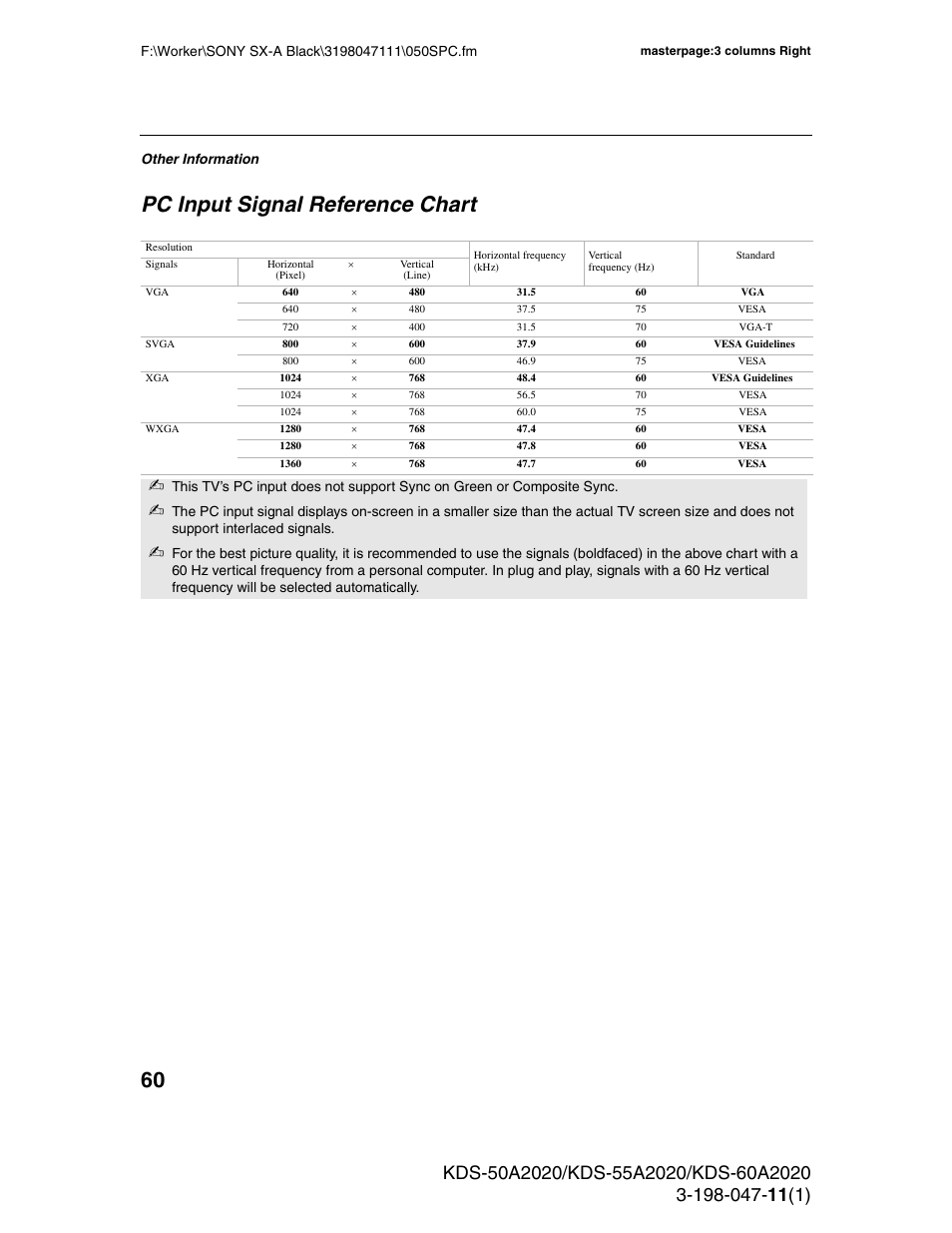 Pc input signal reference chart | Sony KDS-55A2020 User Manual | Page 60 / 67