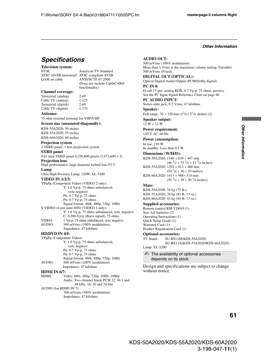 Specifications | Sony KDS-55A2020 User Manual | Page 61 / 67