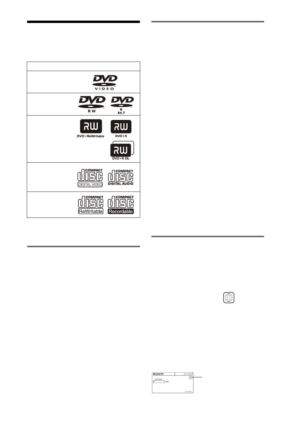 L1 - this player can play the following discs, This player can play the following discs, Example of discs that the player cannot play | Region code | Sony DVP-NS38 User Manual | Page 6 / 64