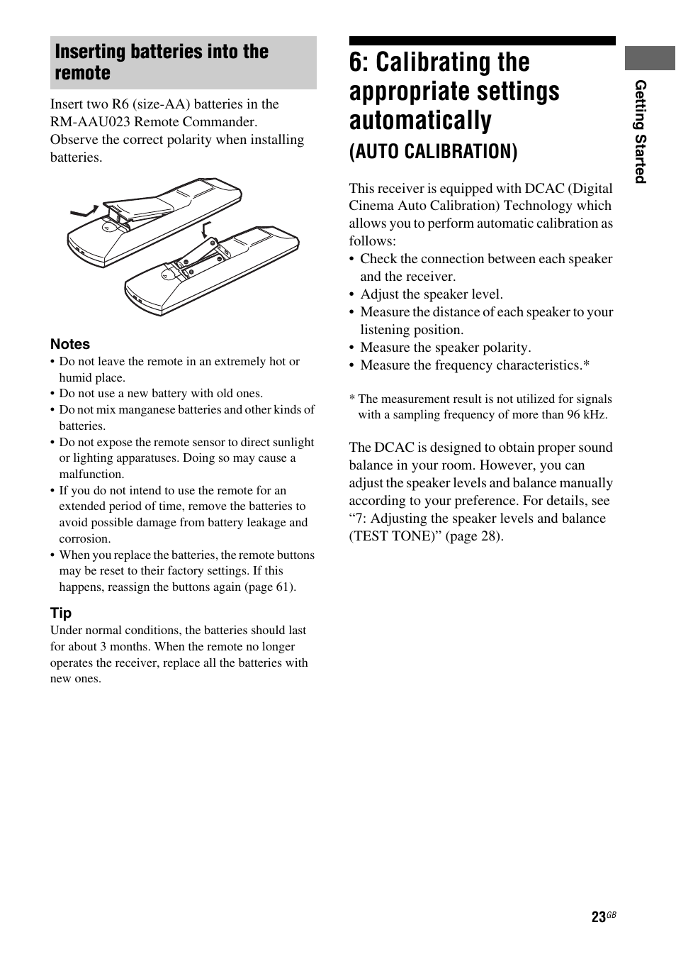 Calibrating the appropriate settings, Automatically, Auto calibration) | Calibrating the appropriate settings automatically, Inserting batteries into the remote | Sony 3-295-946-12(1) User Manual | Page 23 / 72