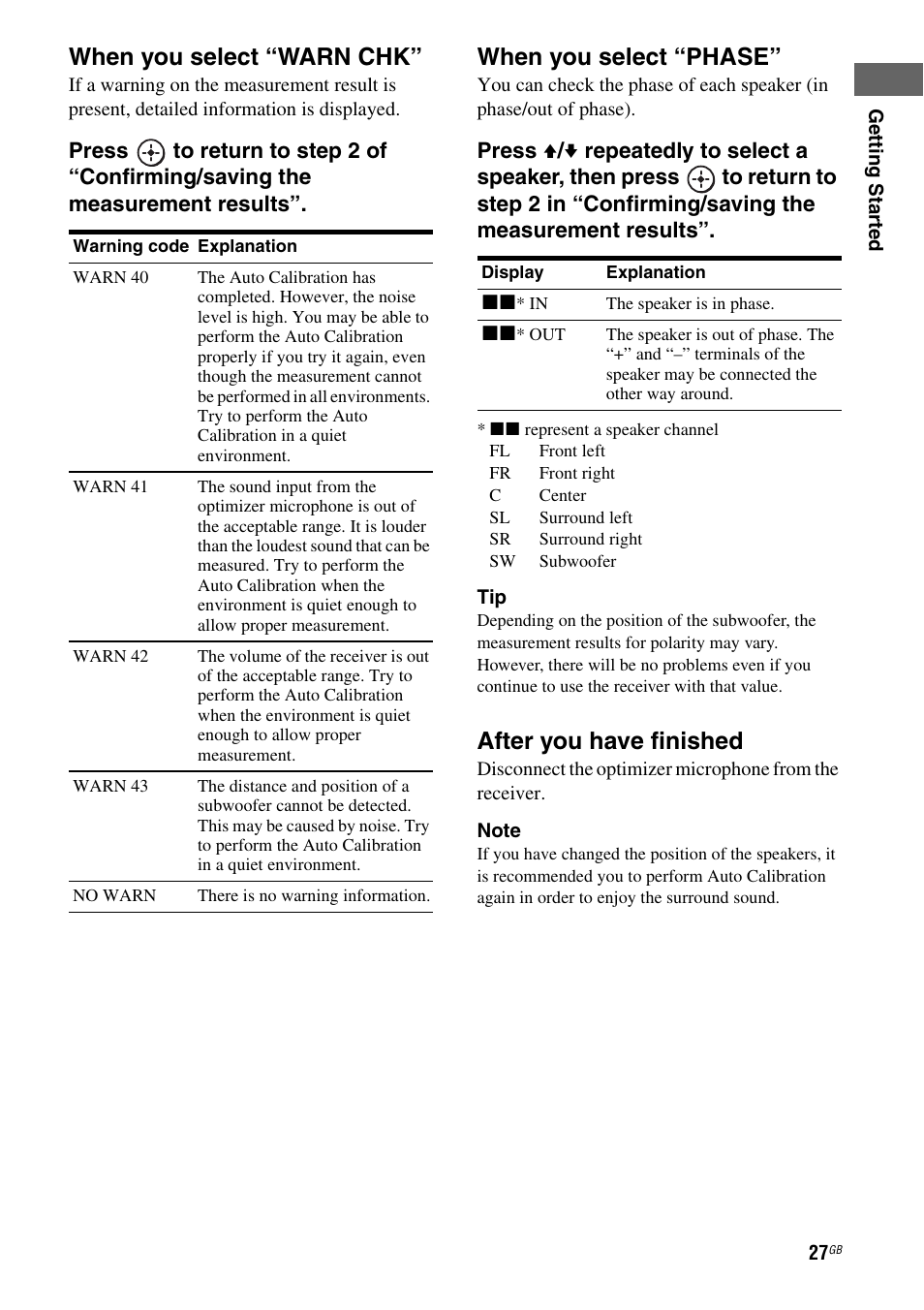 When you select “warn chk, When you select “phase, After you have finished | Sony 3-295-946-12(1) User Manual | Page 27 / 72