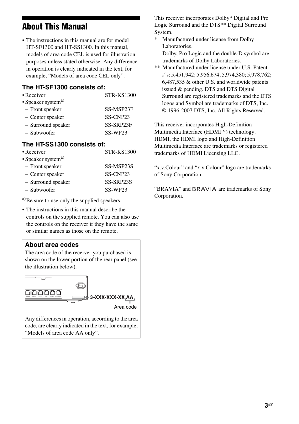 About this manual, The ht-sf1300 consists of, The ht-ss1300 consists of | About area codes | Sony 3-295-946-12(1) User Manual | Page 3 / 72