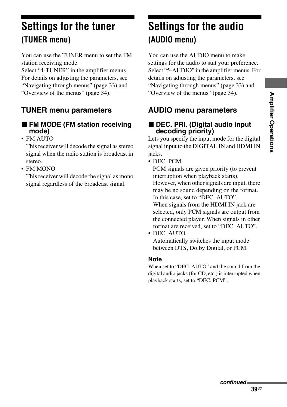 Settings for the tuner (tuner menu), Settings for the audio (audio menu), Settings for the tuner | Settings for the audio, Tuner menu), Audio menu) | Sony 3-295-946-12(1) User Manual | Page 39 / 72