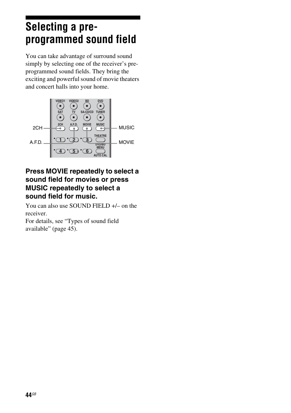 Selecting a pre- programmed sound field, Selecting a pre-programmed sound field | Sony 3-295-946-12(1) User Manual | Page 44 / 72