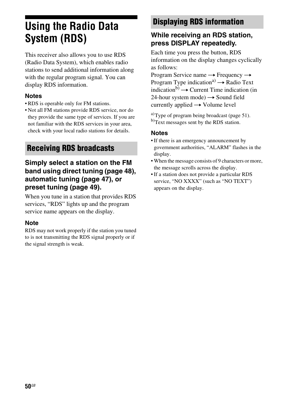 Using the radio data system (rds) | Sony 3-295-946-12(1) User Manual | Page 50 / 72