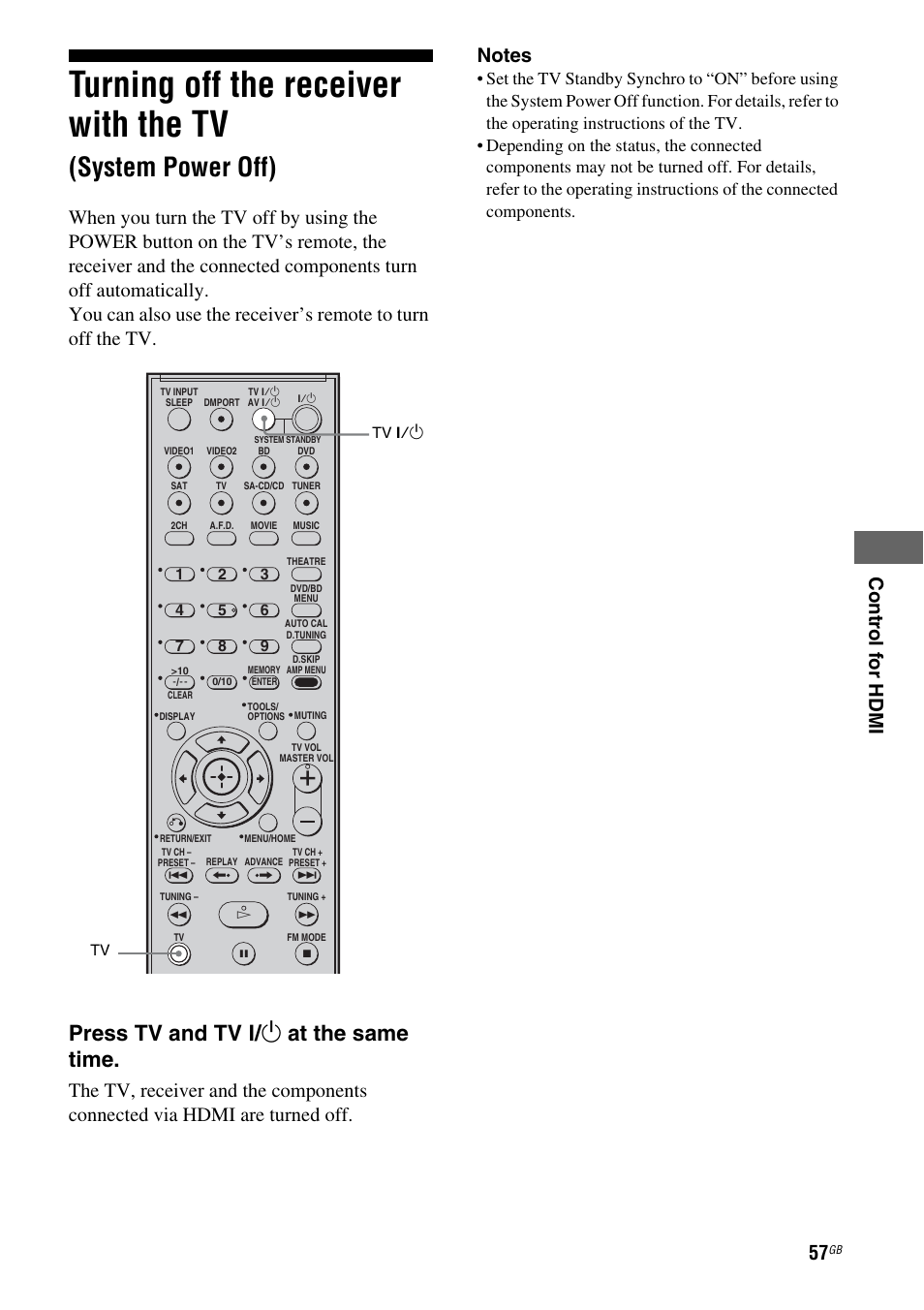 Turning off the receiver with the tv, System power off), Press tv and tv ? / 1 at the same time | Sony 3-295-946-12(1) User Manual | Page 57 / 72