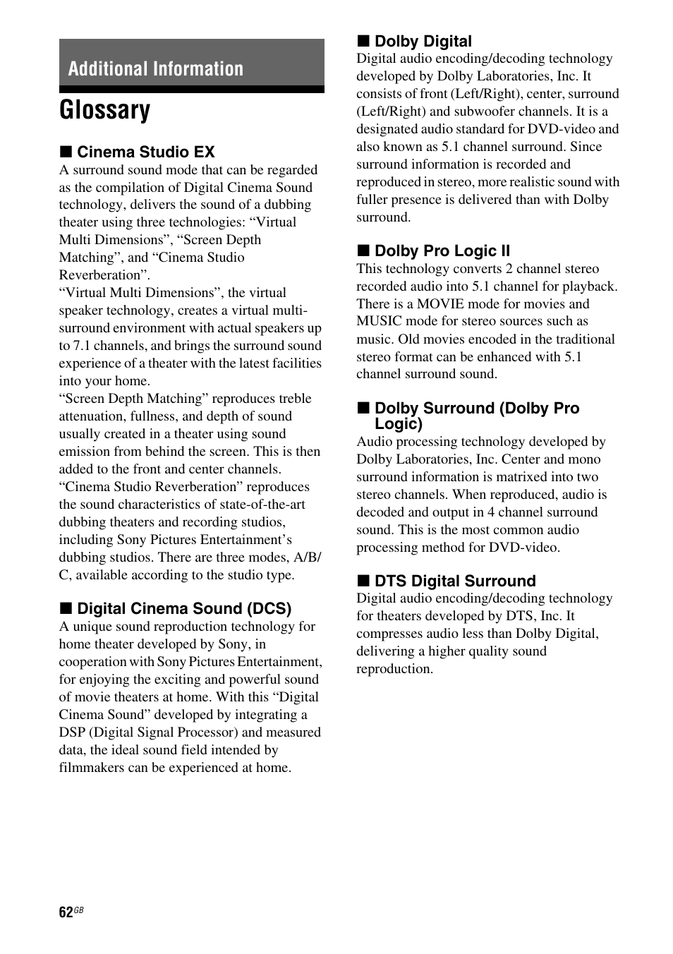 Additional information, Glossary | Sony 3-295-946-12(1) User Manual | Page 62 / 72