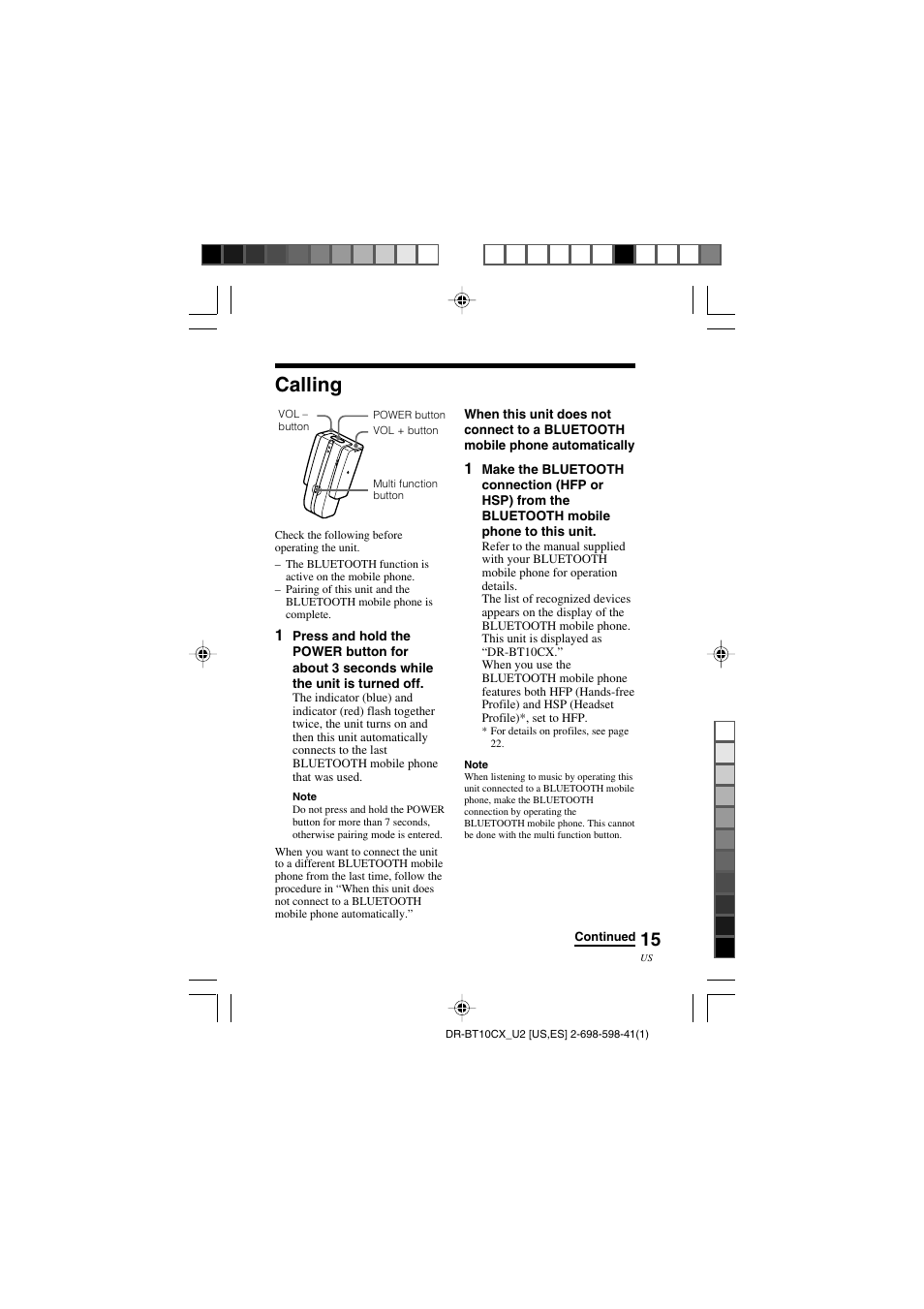 Calling | Sony DRBT10CX User Manual | Page 15 / 52