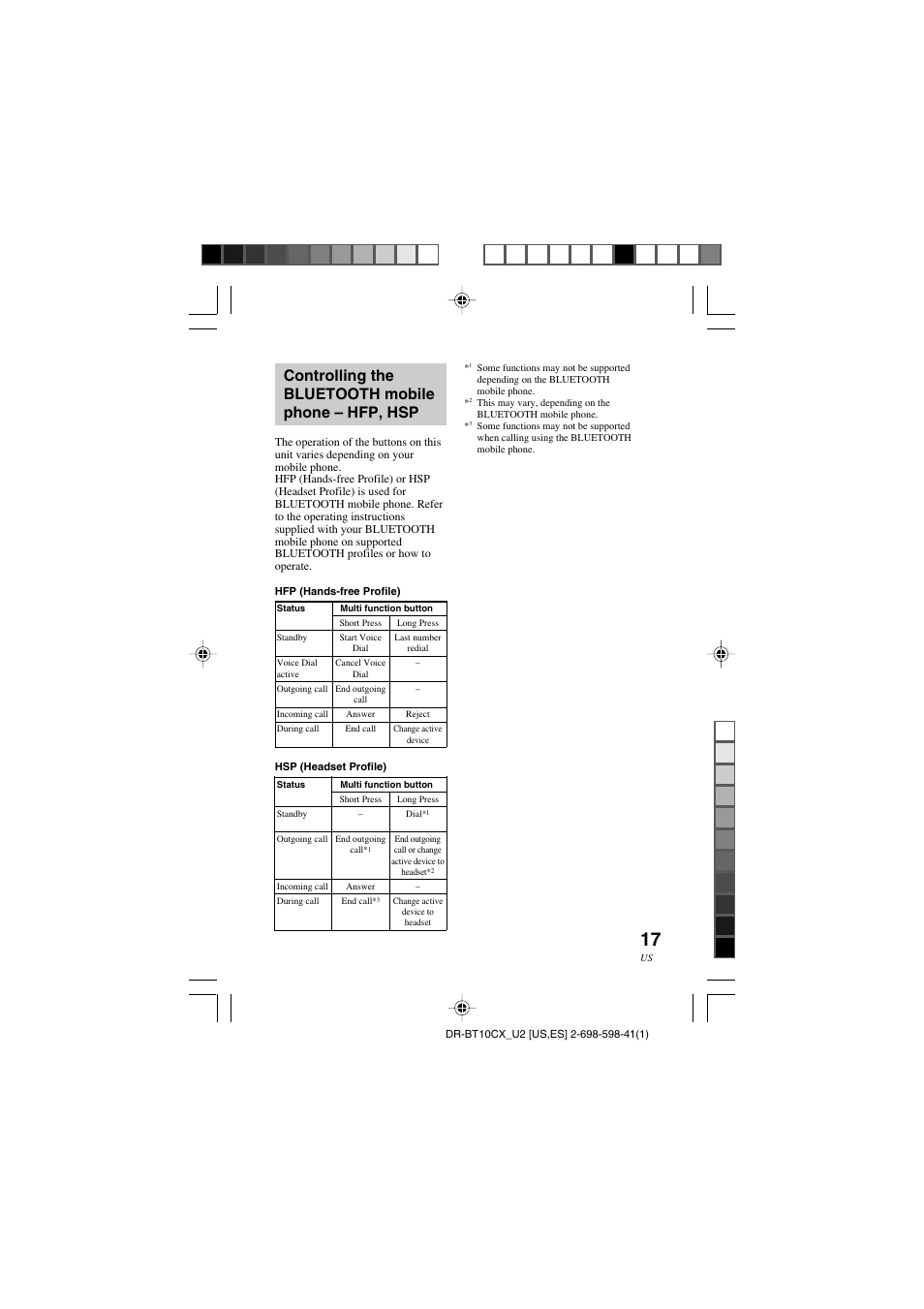 Controlling the bluetooth mobile phone – hfp, hsp | Sony DRBT10CX User Manual | Page 17 / 52