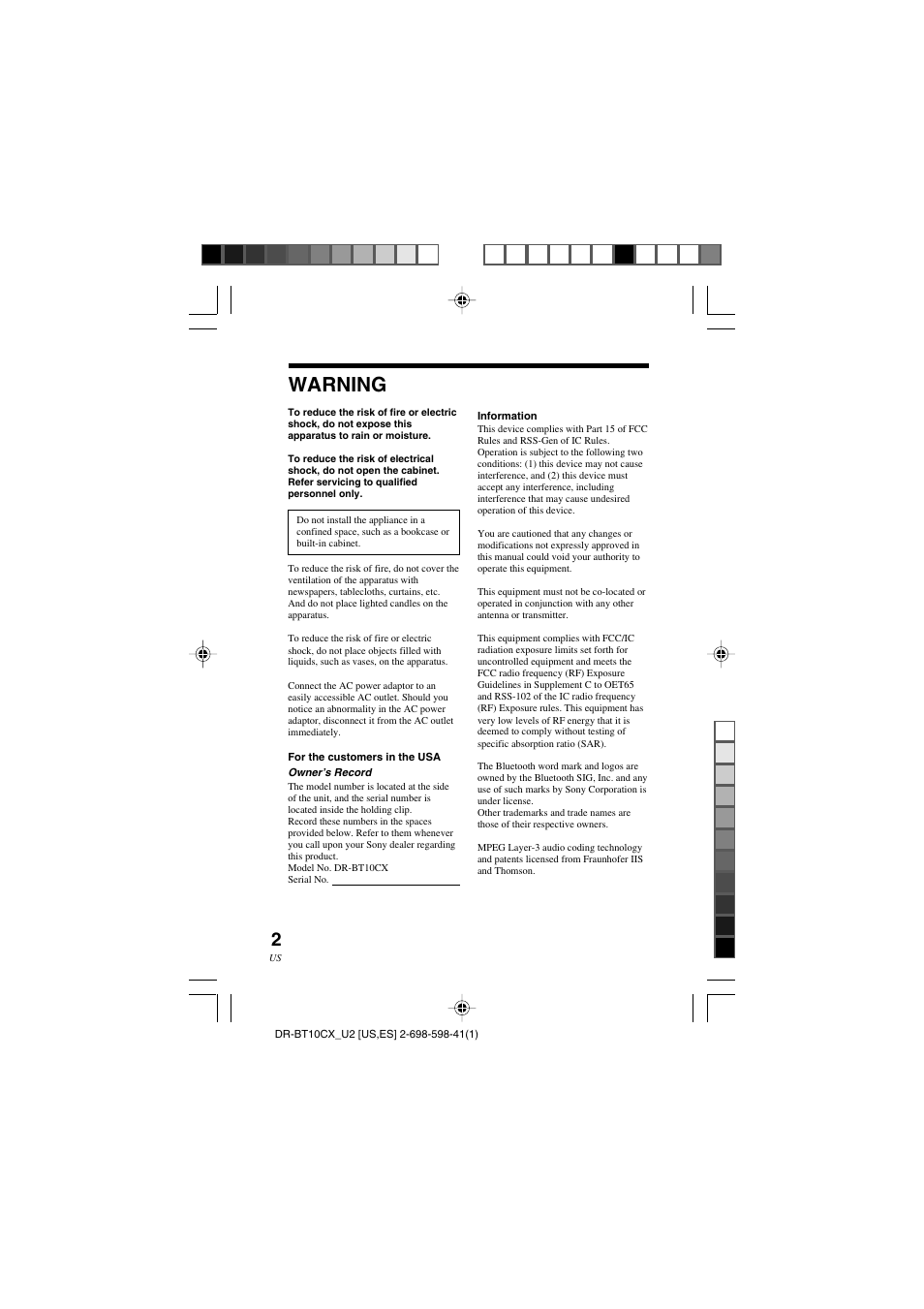 Warning | Sony DRBT10CX User Manual | Page 2 / 52