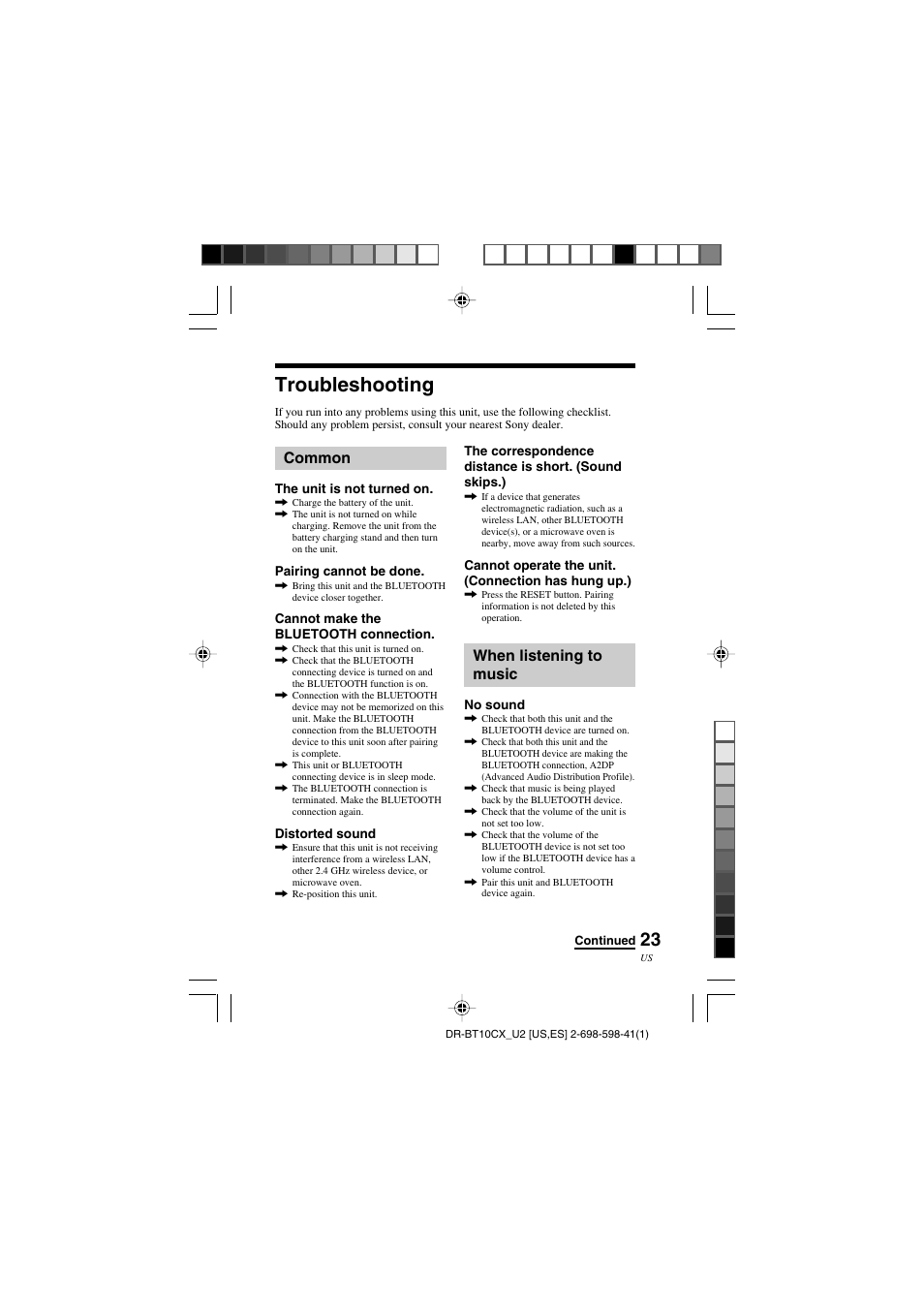 Troubleshooting, When listening to music, Common | Sony DRBT10CX User Manual | Page 23 / 52