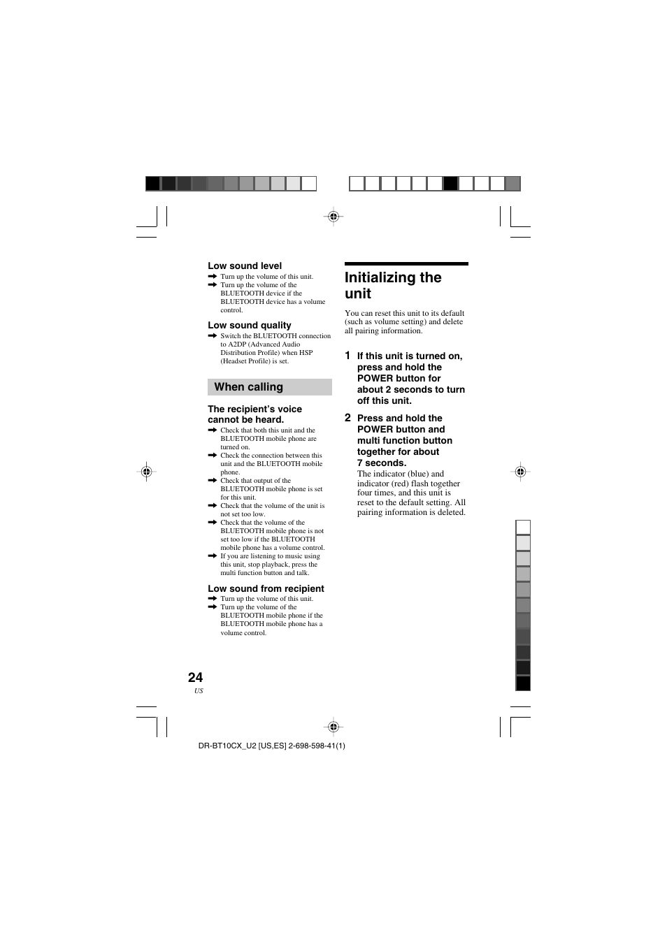 Initializing the unit, When calling | Sony DRBT10CX User Manual | Page 24 / 52