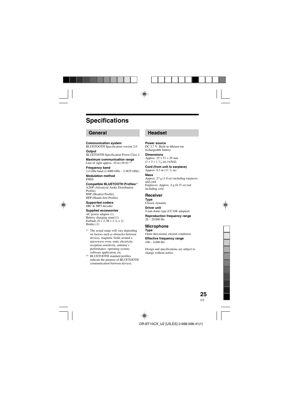 Specifications, General, Headset | Sony DRBT10CX User Manual | Page 25 / 52