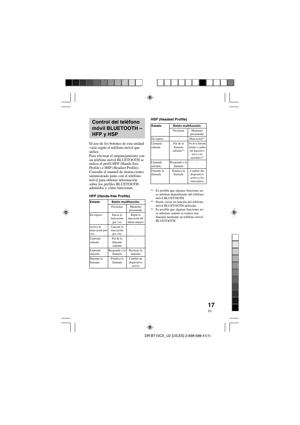 Control del teléfono móvil bluetooth – hfp y hsp | Sony DRBT10CX User Manual | Page 41 / 52