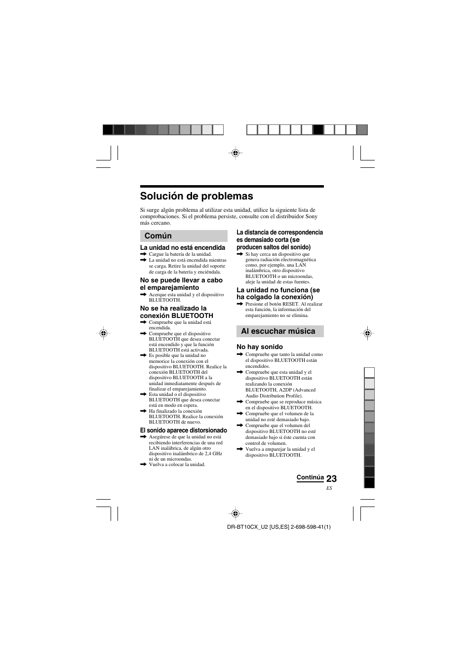 Solución de problemas, Común, Al escuchar música | Sony DRBT10CX User Manual | Page 47 / 52