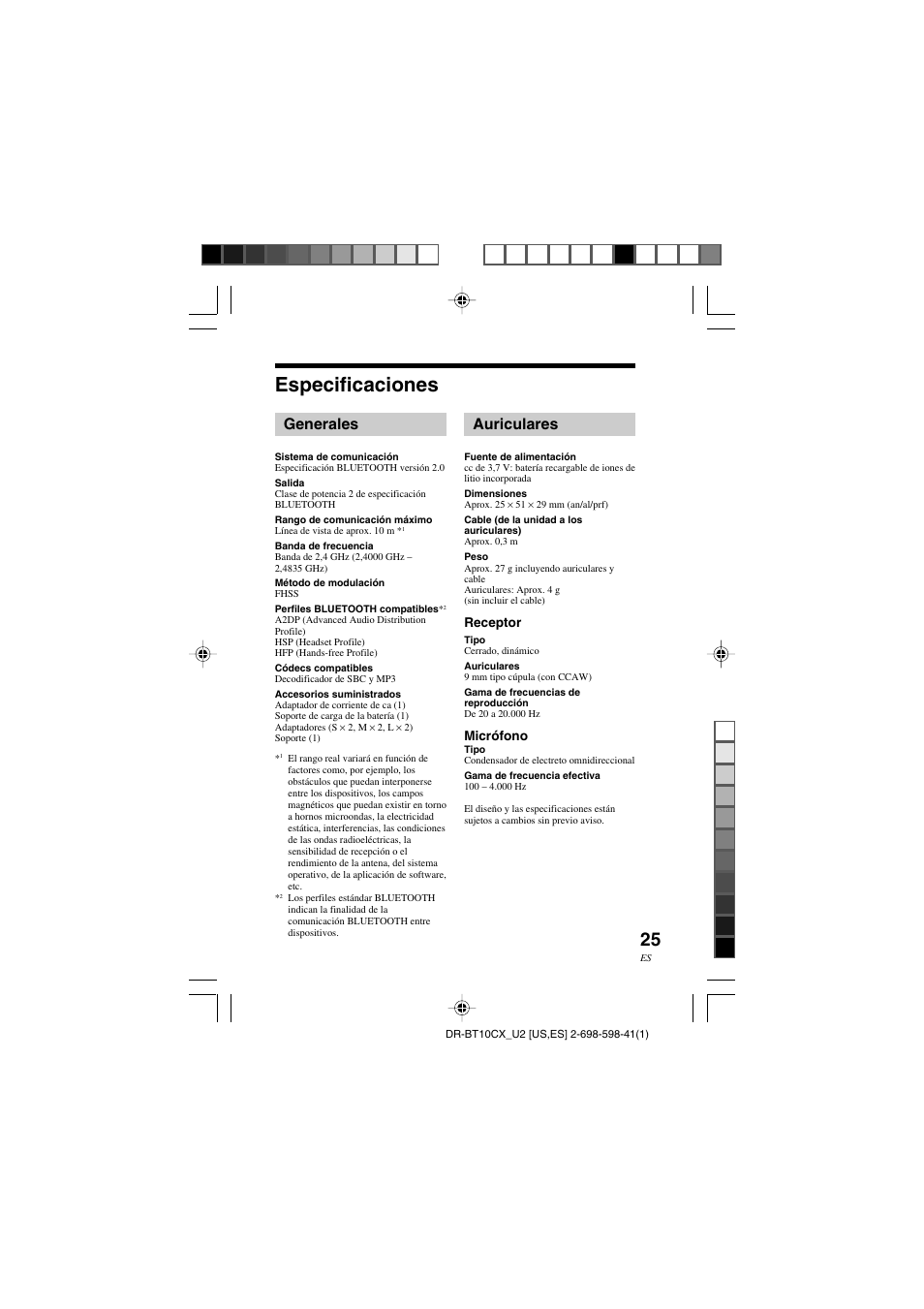 Especificaciones, Generales, Auriculares | Sony DRBT10CX User Manual | Page 49 / 52