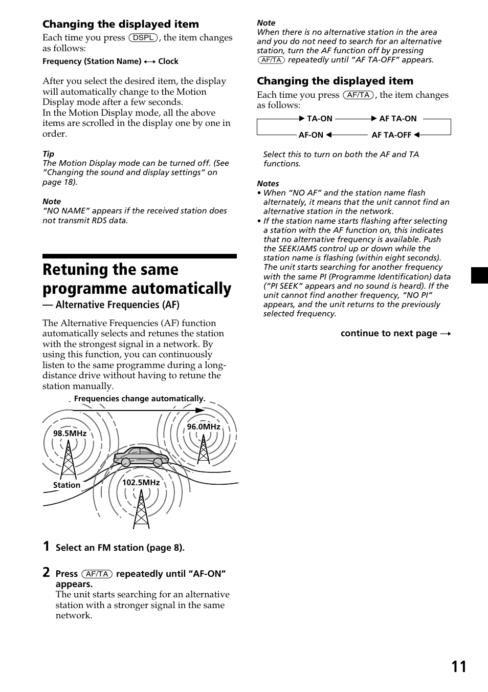 Retuning the same programme automatically, Alternative frequencies (af) | Sony CDX-4270R User Manual | Page 11 / 96