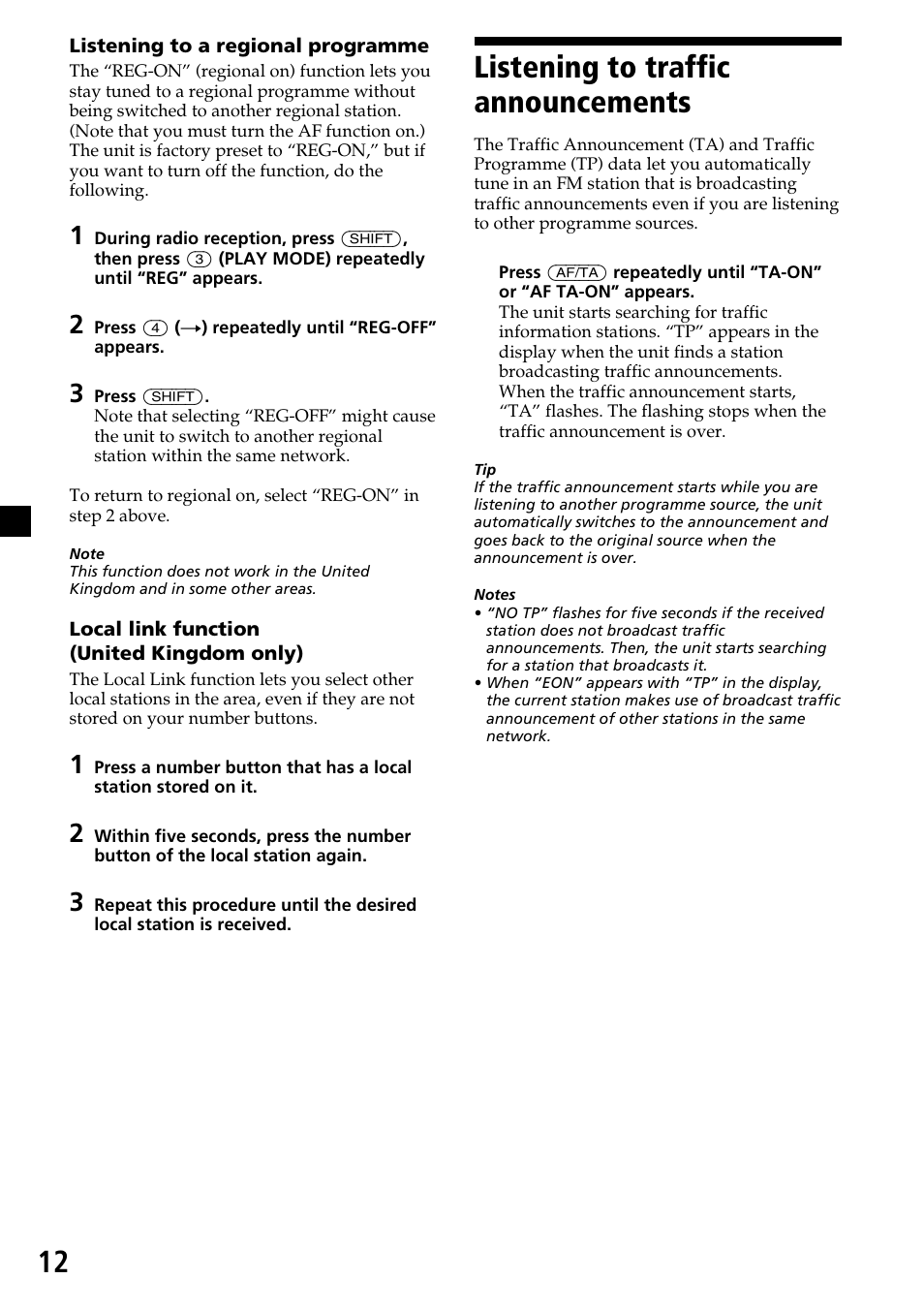 Listening to traffic announcements | Sony CDX-4270R User Manual | Page 12 / 96